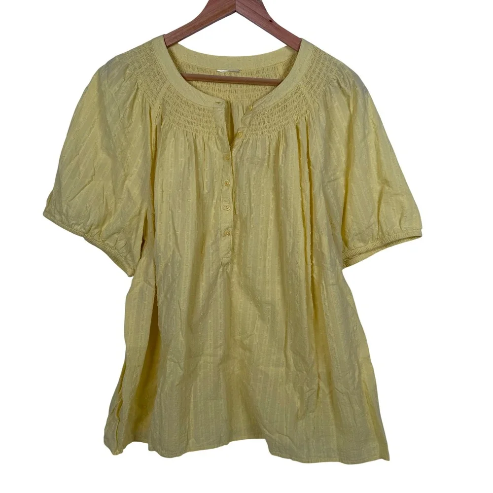 Swiss Dot‎ Smocked Blouse Womens XXL Yellow Short Sleeve Henley Top